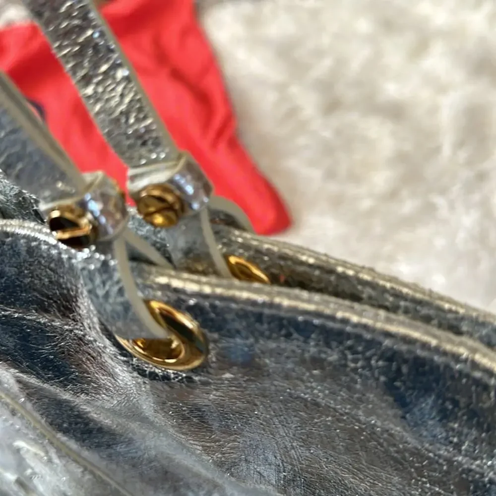 Tory Burch Metallic Silver logo T  tote Shoulder Bag.